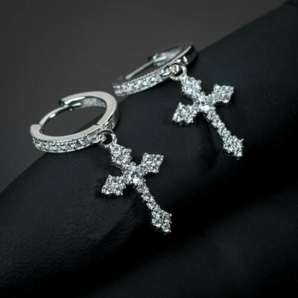 New Men's Sterling Silver Diamond Cross Earrings